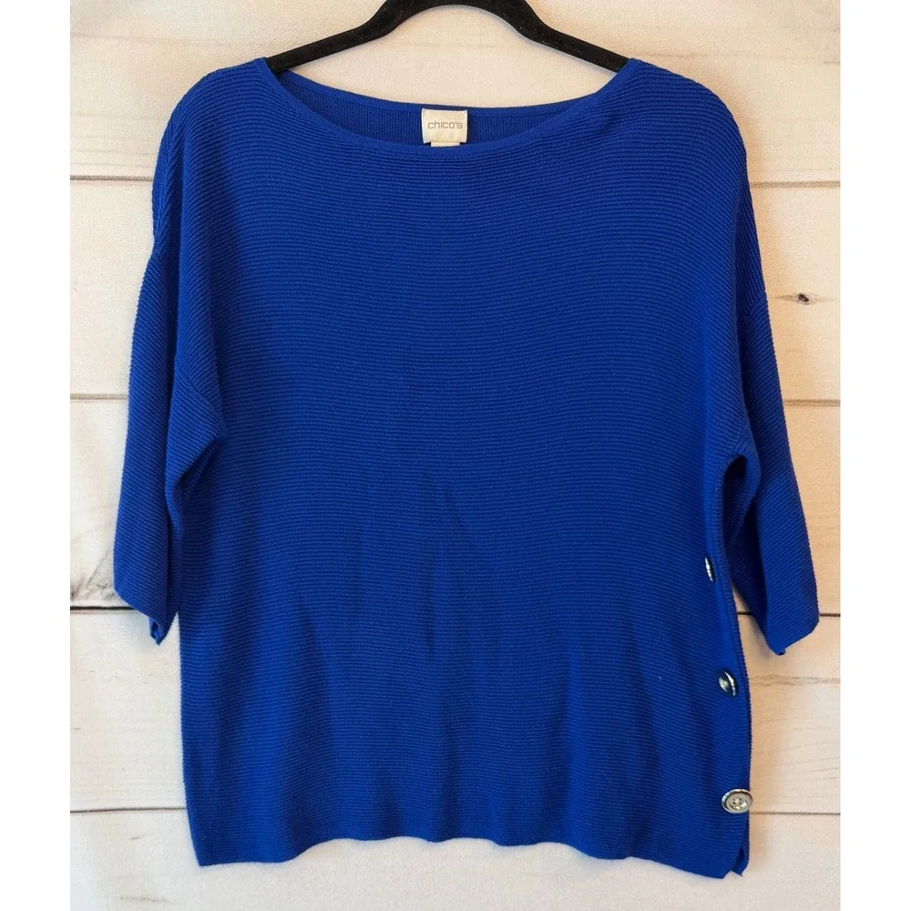 Chicos Blue Ribbed Knit Boatneck Sweater Side Button Detail Size 0 Small